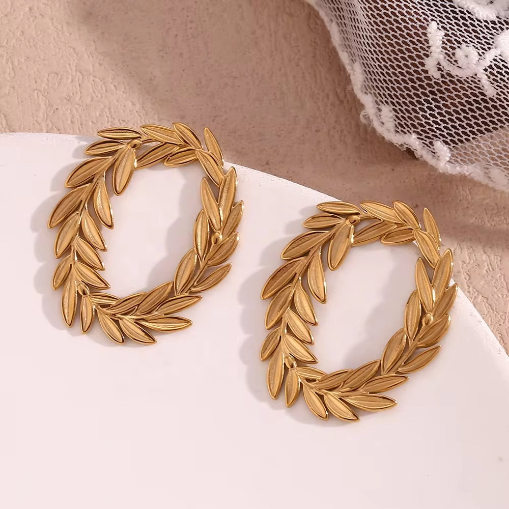 Gold Plated Stud Earrings for Women Leaf Hoop Stainless Steel Jewelry Waterproof Women Jewelry