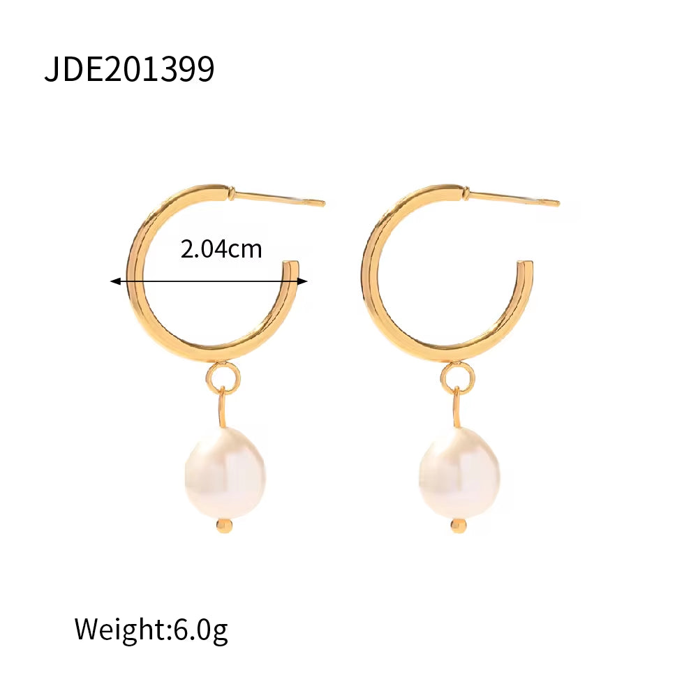 Fashion Jewelry Stainless Steel Wave CC Hoop Earring 18K Gold Plated Freshwater Pearl Drop Earring