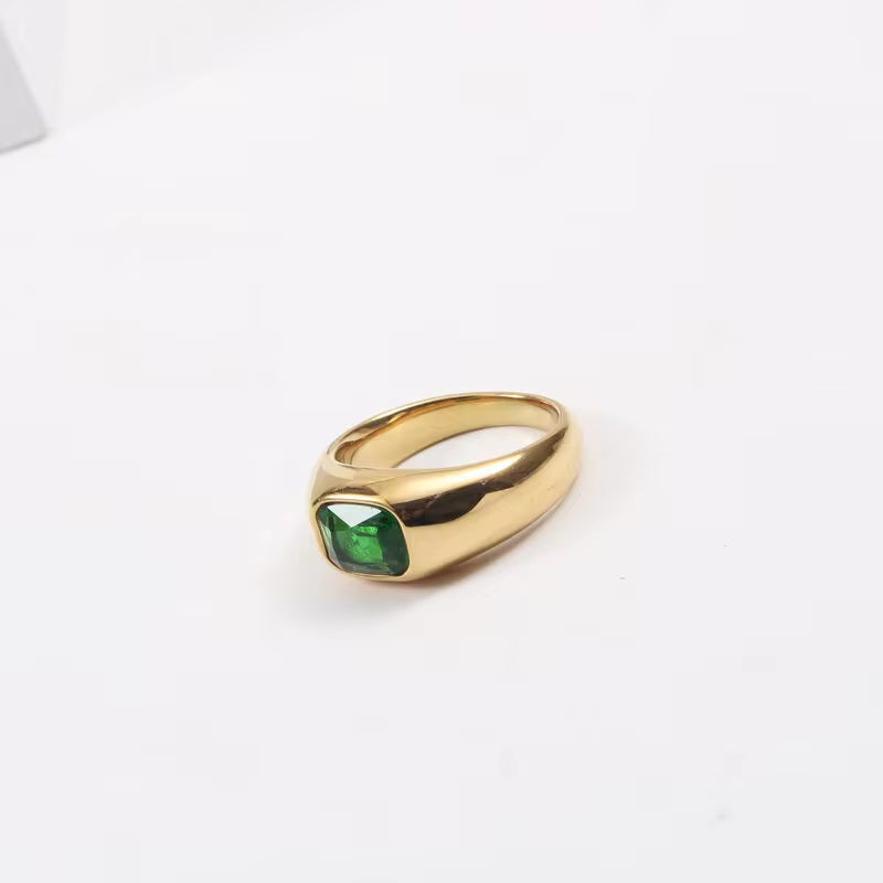 Tarnish Free 18K Gold Plated Chunky Green Zircon Stainless Steel Rings for Women Statement Rings Waterproof Jewelry