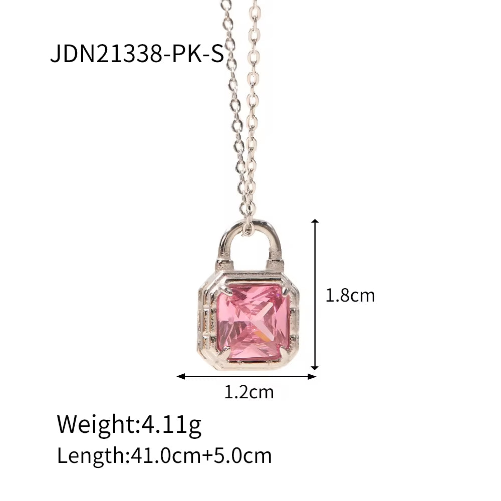 Lovely Jewelry Stainless Steel Lock Shape Green Cubic Zirconia Lock Pendant Necklace for Women