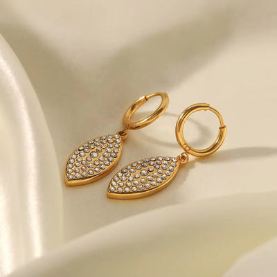 Leaf Shape Shiny Cubic Zircon Non Tarnish 18K Gold Plated Stainless Steel Pendant Earrings Women