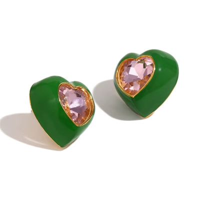 Spring Fashion Colorful Earrings Women Shining Heart Zircon Stud Earrings Gold Plated Stainless Steel Jewelry