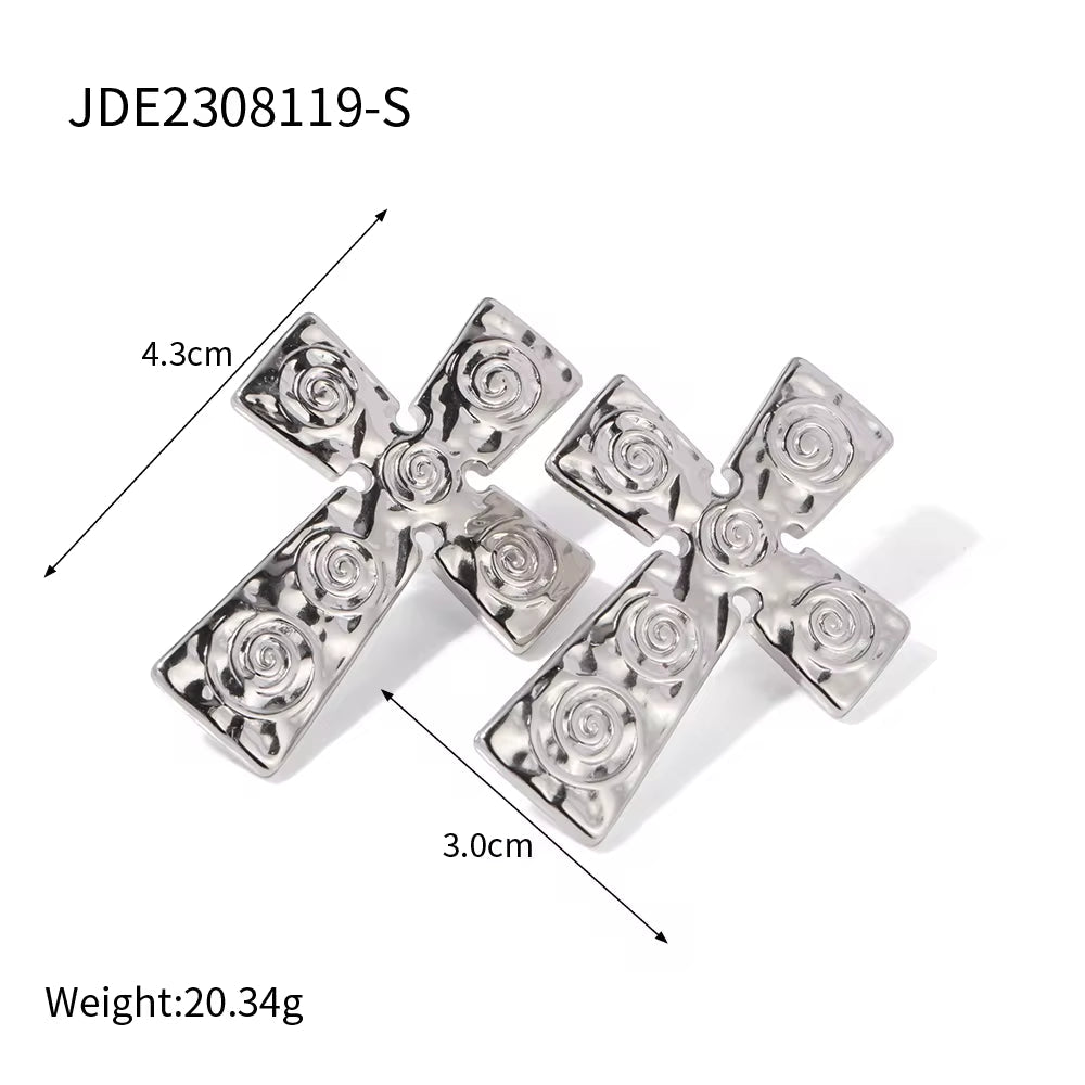 New 18K Gold Plated Stainless Steel Rotate Texture Hammer Big Huge Cross Earrings Women Luxury