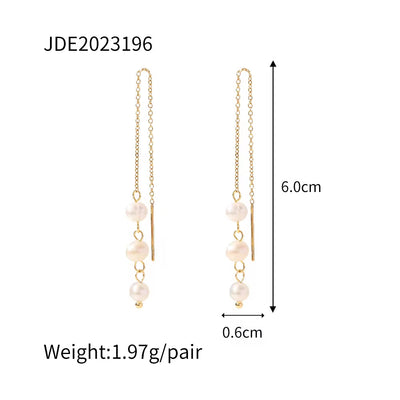 Dainty Three Freshwater Pearl Tassel Hypoallergenic 18K Gold Plated Stainless Steel Earring Wires Jewelry