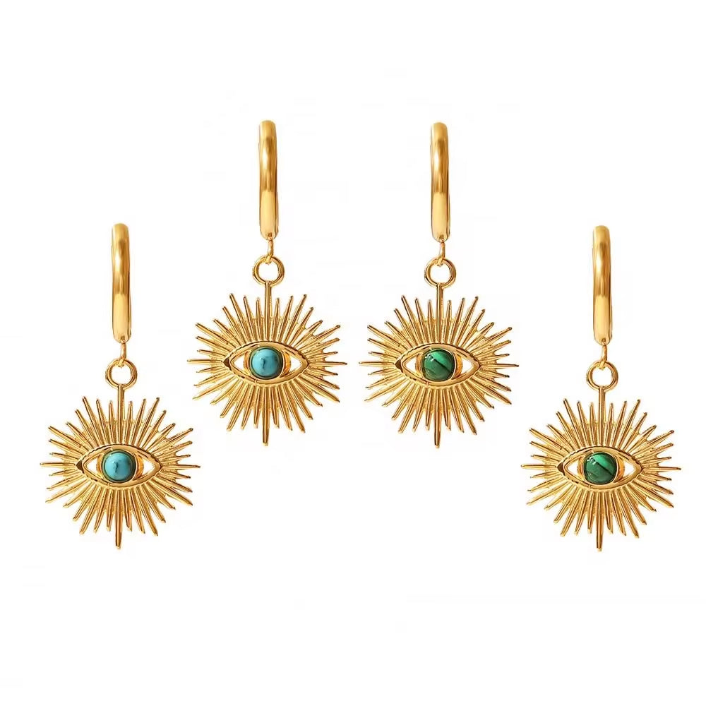 18K Gold Plated Natural Stone Evil Eyes Hollow Multi Color Design Stainless Steel Drop Earrings