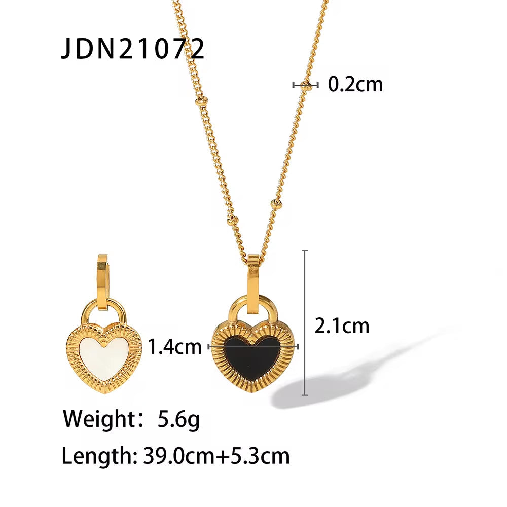 18K Gold Plated Double-Sided Jewelry Stainless Steel Black White Signet Lock Heart Necklace