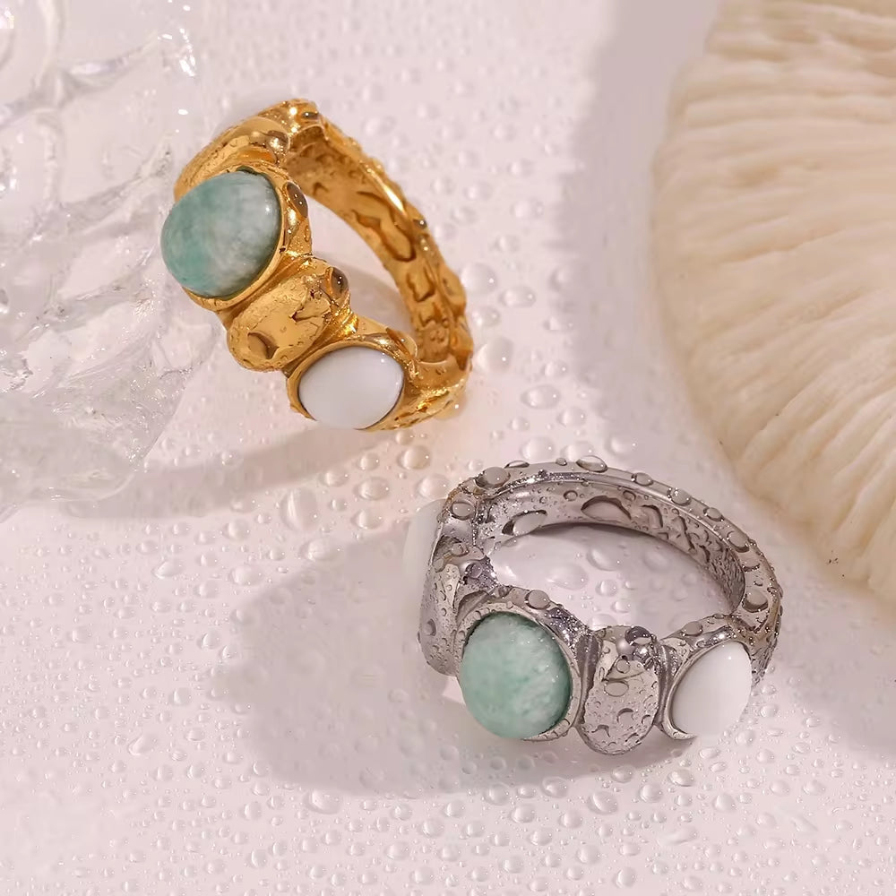 Oval Amazonite Gemstone Jewelry Natural Stone Gold Plated Rings Stainless Steel Rings Jewelry Women