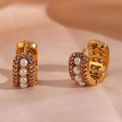 Fashion Jewelry 2023 Crystal Pink Zircon Pearl Earring PVD Gold Plated Huggie Hoop Earrings Stainless Steel Jewelry