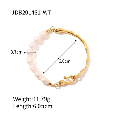 Charm Stainless Steel 18K Gold Plated Jewelry Blue Pine Stone Fresh Waterpearl Pearl Bangles for Women