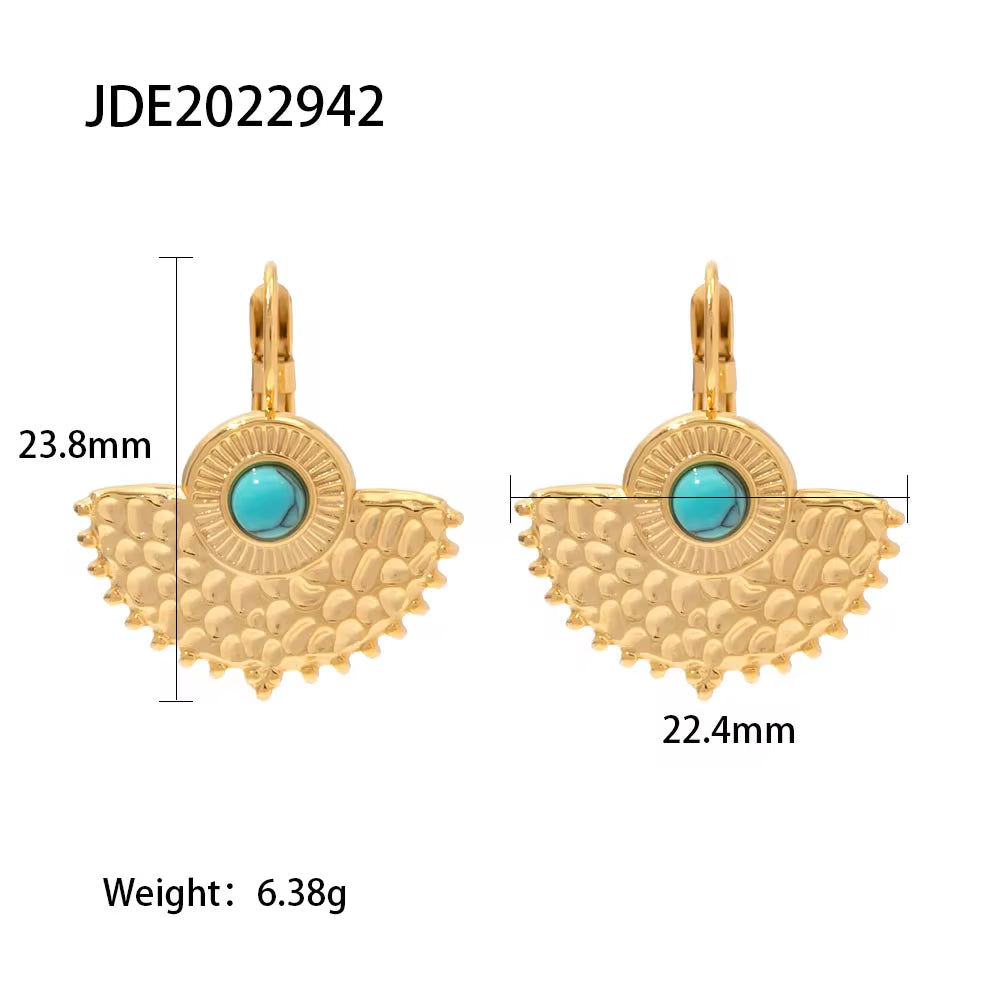 Vintage 18K Gold Plated Turquoise Fan-Shaped Pendant Earrings Gift Jewelry Stone Earrings