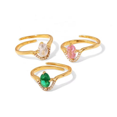 18K Gold Plated Stainless Steel Dainty Multi-Color Cubic Zirconia Stacking Adjustable Rings