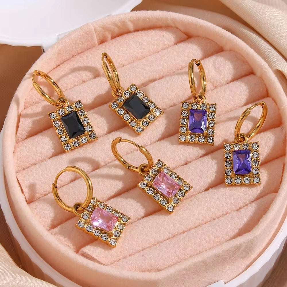 Custom Jewelry Tarnish Free Shining Summer Jewelry Square Zircon Drop Earring Stainless Steel Gold Plated Jewelry