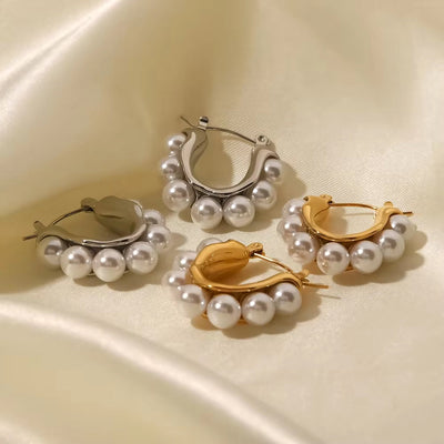 18K Gold Plated Silver Plated Stainless Steel White Pearl U Shape Large Hoop Earrings Jewelry