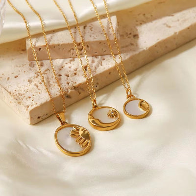 INS Stainless Steel White Shell Sun Necklace 18K Gold Plated Oval Sun Moon Shell Pendant Necklace