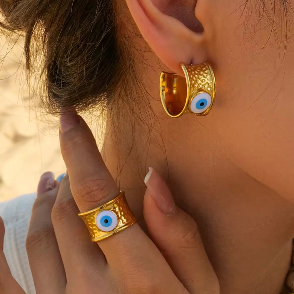 Jewelry Stainless Steel Hammer Devil'S Eye Earring Blue Enamel Evil Eyes Drop Earrings for Girls