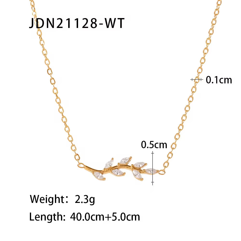 Minimalist Oval Clear Zircon Inlaid Tree Branch Shape Stainless Steel Necklace Bracelet Jewelry