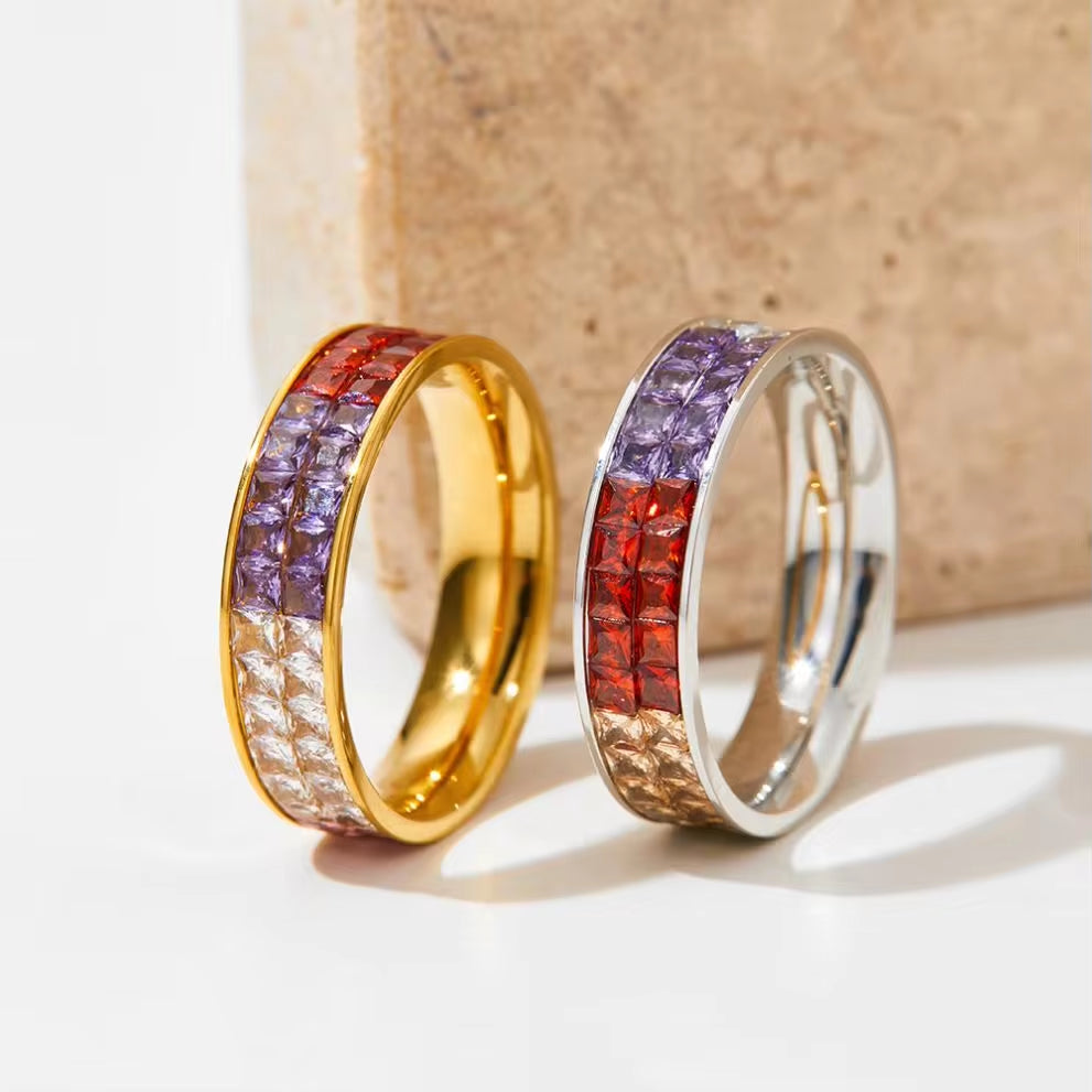 Classic Hot Sell Double Layer Square Crystal Pave Multicolor Stainless Steel Ring Colorful Diamond Rings Jewelry Wome