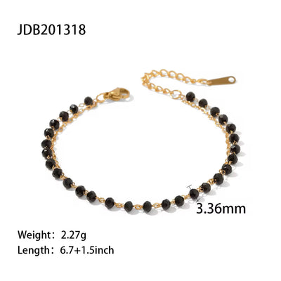 New Trendy 18K Plated Stainless Steel Jewelry Double Layer Black Glass Bead Chain Bracelet for Women