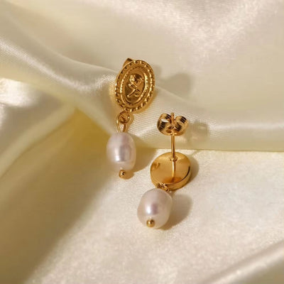 18K Gold Plated Stainless Steel Freshwater Pearl Coin Design Rose Embossed Pendant Earrings Ins Trendy