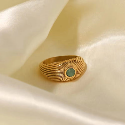 18K Gold Plated Stainless Steel Wide Chunky Natural Green Stone Sun Shape Rings Punk Style Unisex