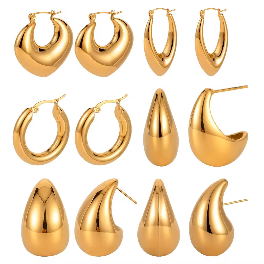 Hypoallergenic Heart Geometric C 18K PVD Gold Plated 316L Stainless Steel Chunky Hollowed Statement Earrings