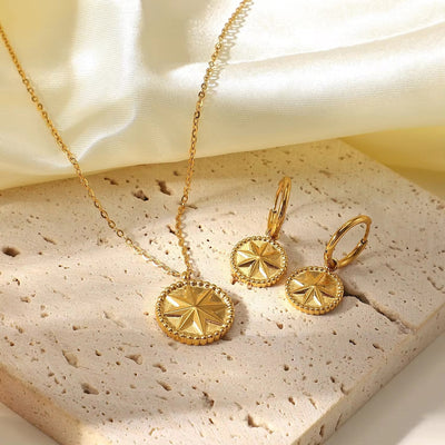 18K Gold Plated Stainless Steel Set Eight Pointed Star Earrings Coin Pendant Necklace