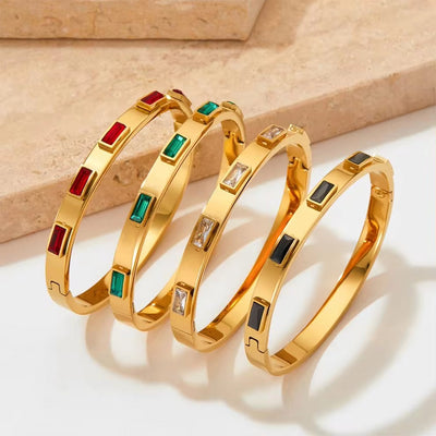 18K Gold Plated Green Cubic Zirconia Bezel Setting Dainty Stainless Steel Bangles for Women as Gift