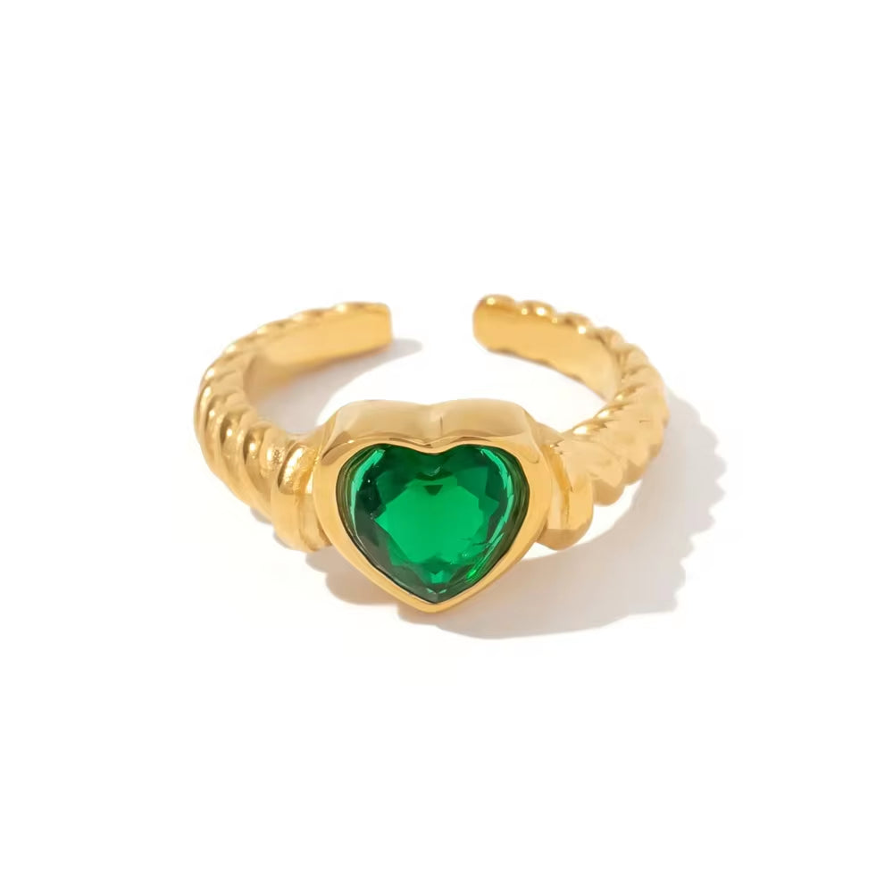 18K Gold Plated Stainless Steel Uneven Surface Heart Shape Green Cubic Zirconia Opening Rings