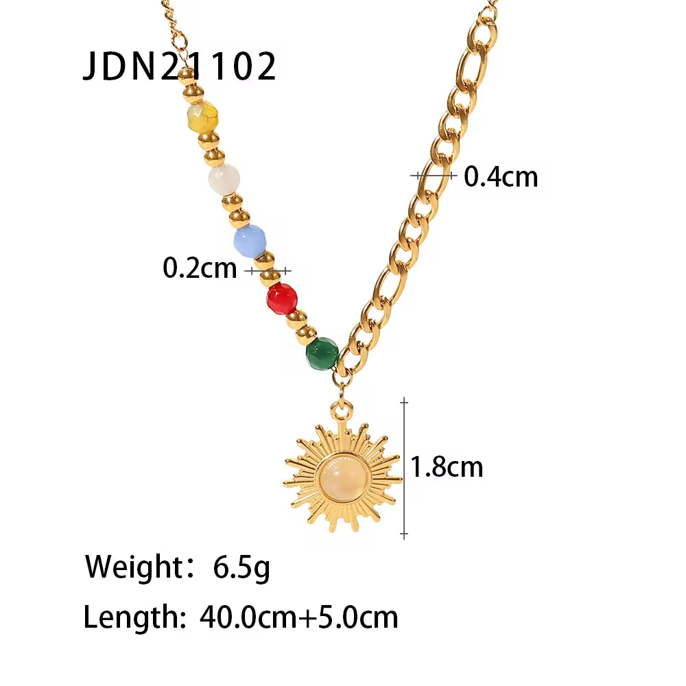 New Stainless Steel 18K Gold Half Color Bead Chain Half Figaro Chain Natural Opal Stone Sun Pendant Necklace