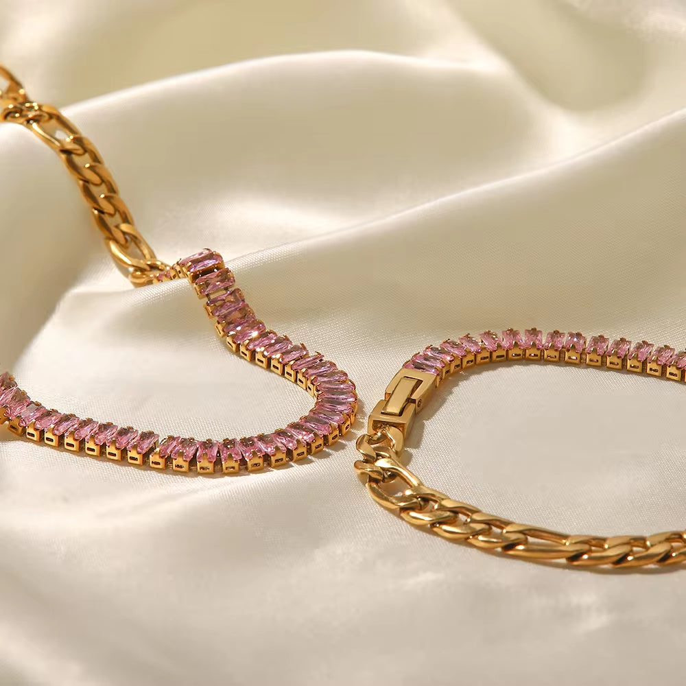 Stainless Steel 18K Gold Plated Jewelry Pink Full Cubic Zirconia Figaro Chian Bracelet for Women