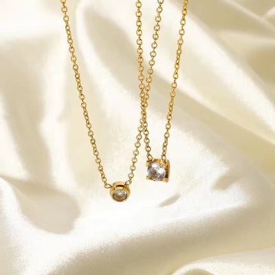 18K Gold Plated Stainless Steel Simple round Cubic Zirconia Dainty Design Pendant Necklace