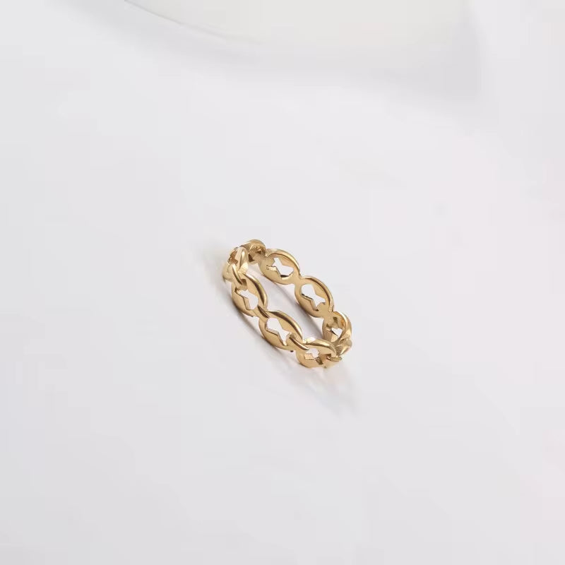 18K Gold Plated Wholesale Non Tarnish Fashion Dainty Hollow Link Chain Stainless Steel Finger Ring