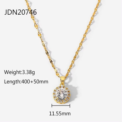 18K Real Gold Plated Waterproof Jewelry Stainless Steel White Circle Cubic Zircon Pendant Necklace for Women