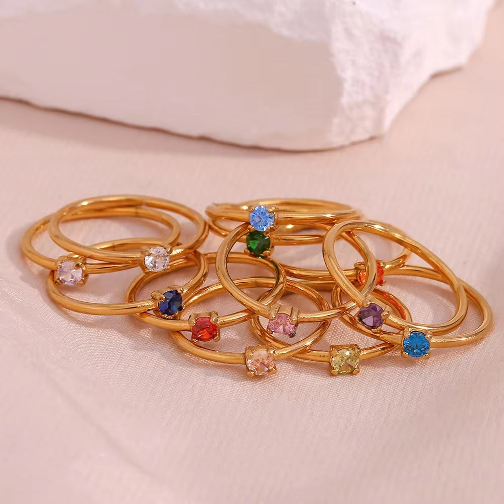 Drop Shipping Colorful Birth Stone Ring Sets 18K Gold Plated Stainless Steel Rings Jewelry Women