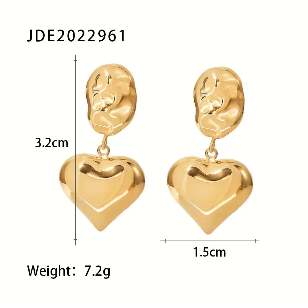 High Polished 14K Gold Plated Irregular Shape Heart Pendant Stainless Steel Stud Earrings for Women