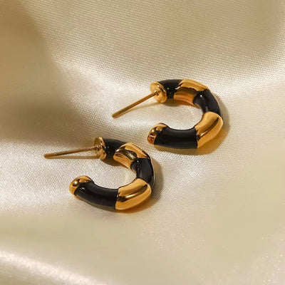 18K Gold Plated Stainless Steel Black Enameled Contrast Color C Shape Hoop Earring for Ladies