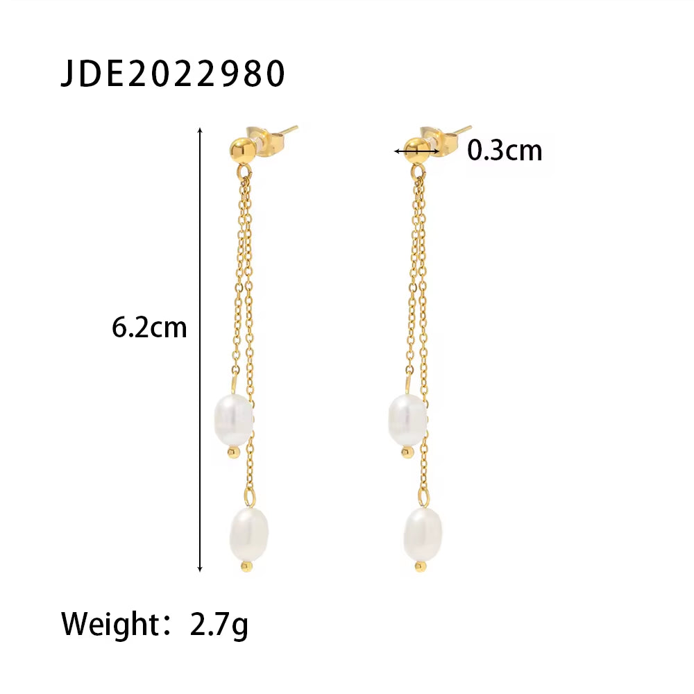 18K Gold Plated Stainless Steel Natural Freshwater Pearl Tassels Pendant Earrings for Ladies Gift