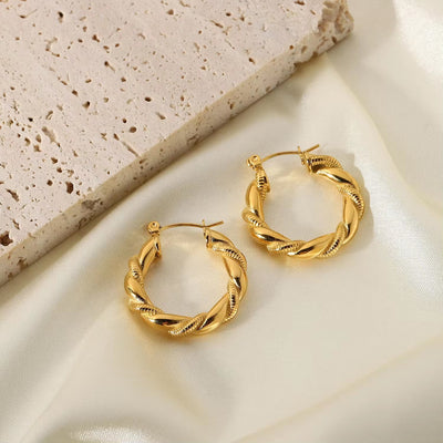 18K Gold Plated Circle Jewelry Croissant Double Twist Stainless Steel Hoop Earrings for Women