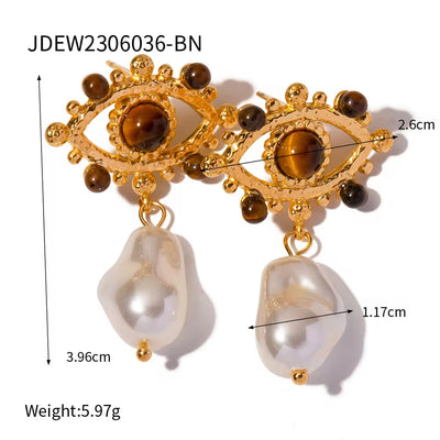 Fashion Stainless Steel Jewelry Plated 18K Gold PVD Turquoise Pearl Evil'S Earrings for Women