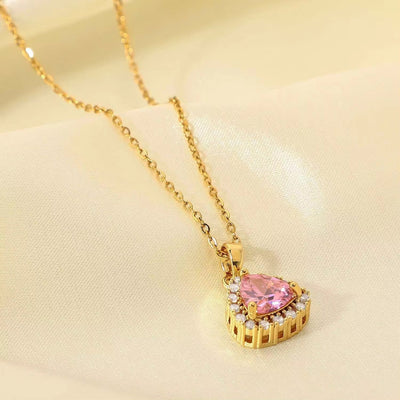 18K Real Gold Plated Necklacejewelry Stainless Steel Pink Triangle Cubic Zircon Pendant Necklace for Women