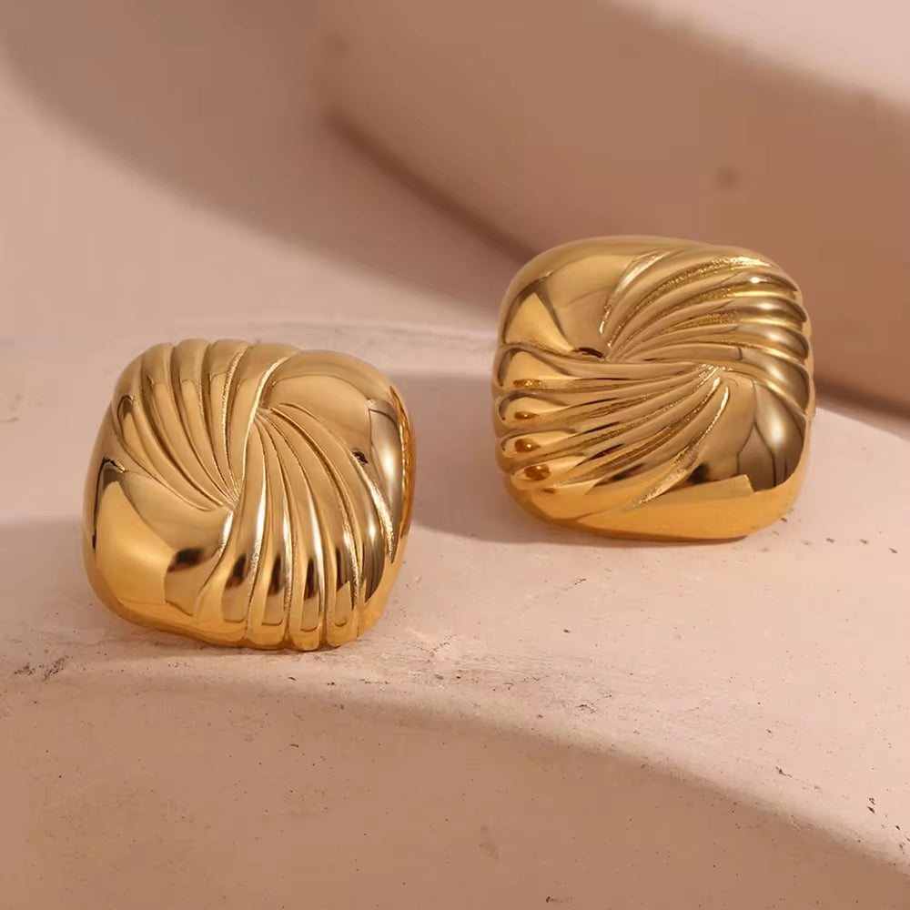 Trend 2024 Square Engraved Wing Stud Earrings Gold Plated Statement Jewelry Stainless Steel Earrings