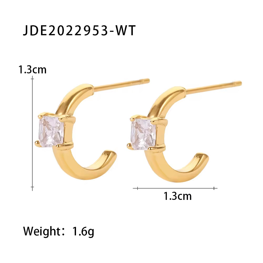 Stainless Steel Gold Plated Jewelry for Women C-Shaped Inlaid Square Shape Cubic Zirconia Earrings