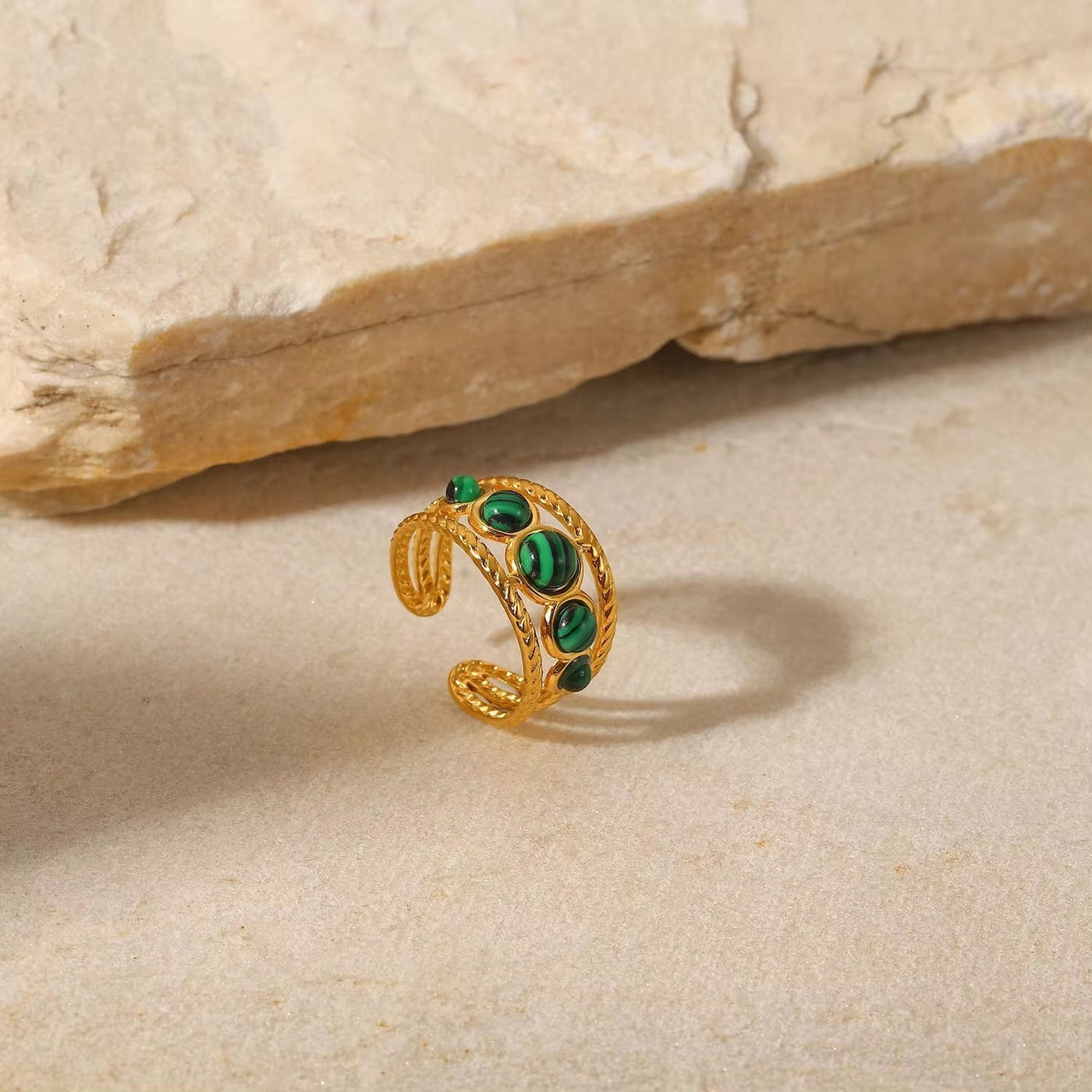 Water Proof PVD Gold Plated Stainless Steel Natural Malachite Stone Hollow Adjustable Rings