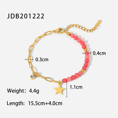 Bright Pink Stone Star Pendant Bracelet Stainless Steel 18K Half Cross Paperclip Chain Bracelet for Women