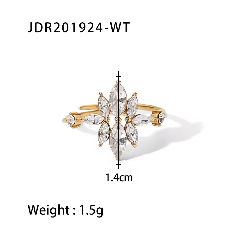 18K Gold Plated Thin Flower Zircon Finger Ring Stainless Steel Green CZ Zircon Adjustable Ring