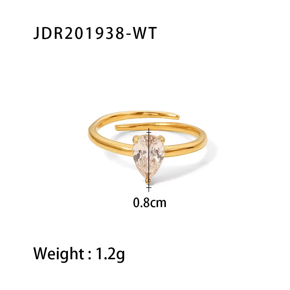 18K Gold Plated Multi-Colors Oval Zircon Dainty Water Drop Shape Stainless Steel Adjustable Rings