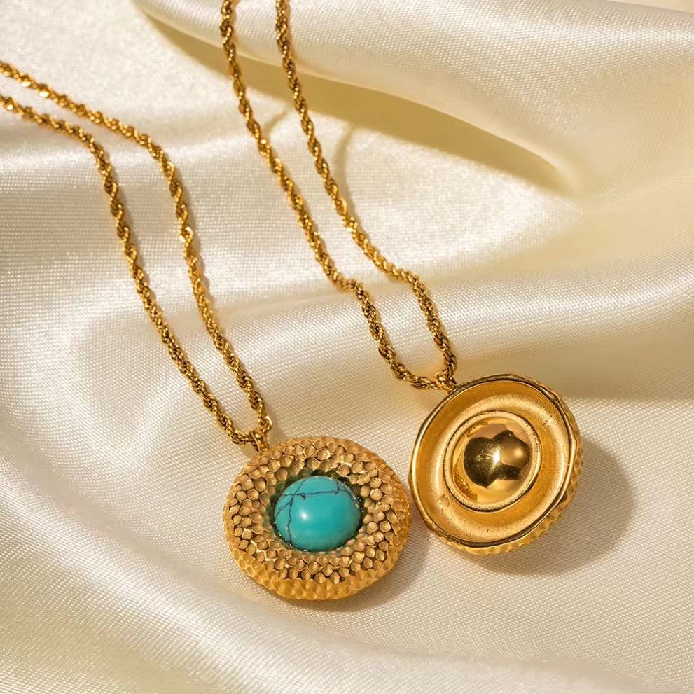 Turquoise Winding Circle 18K Gold Plated Stainless Steel Cat Eye Stone Vortex Pendant Necklace for Women