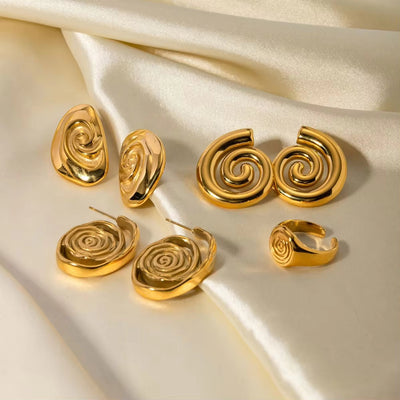 Hot Sell Gold Plated Stainless Steel Geometric Spiral Stud Earrings and Rings Sets for Women Jewelry