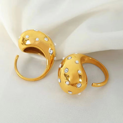 JEWELRY JZ24-5 Fashion Micro Diamond Gum Bead Open Teardrop Ring Stainless Steel 18K Gold Plated