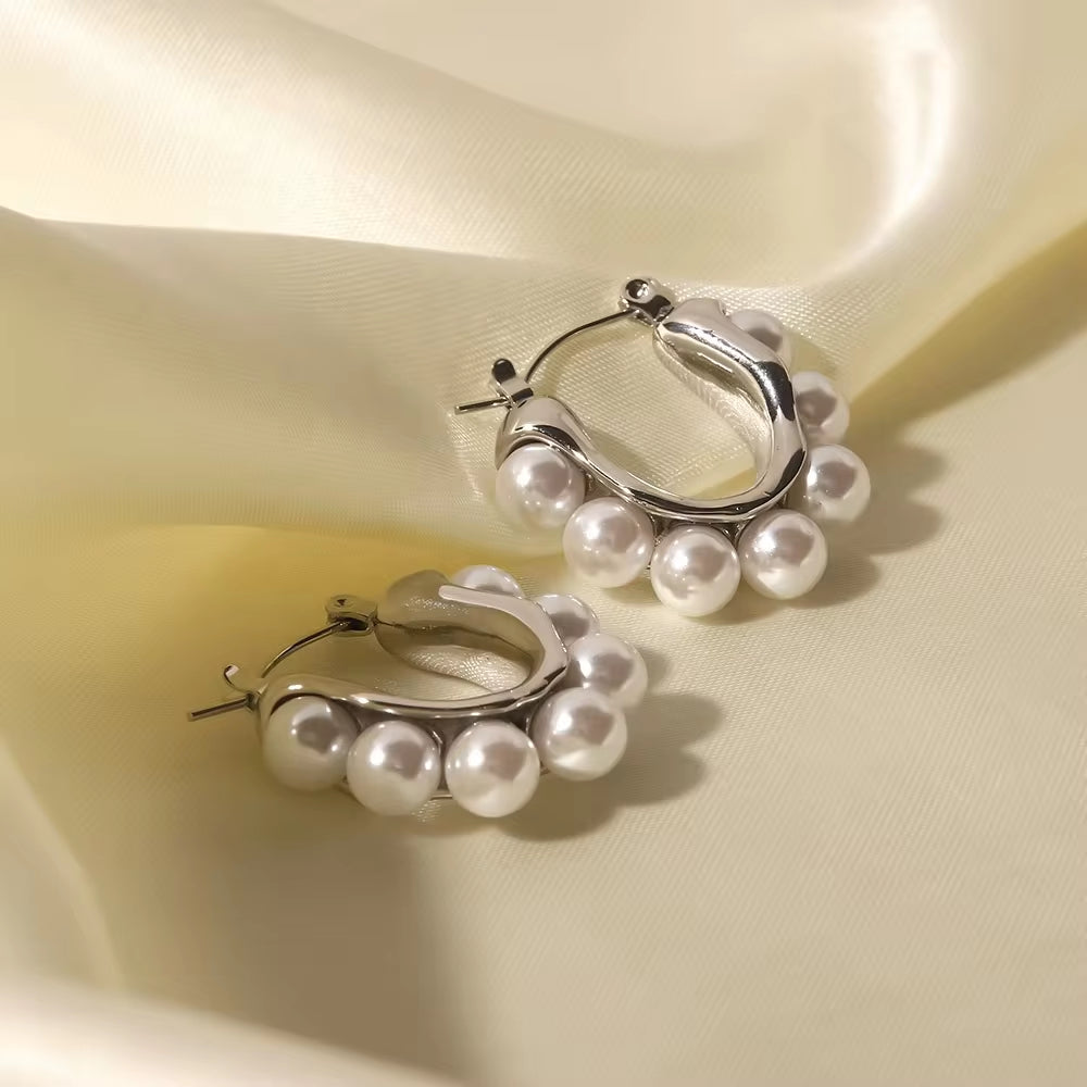 18K Gold Plated Silver Plated Stainless Steel White Pearl U Shape Large Hoop Earrings Jewelry